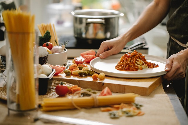 Family cooking pasta for a meal